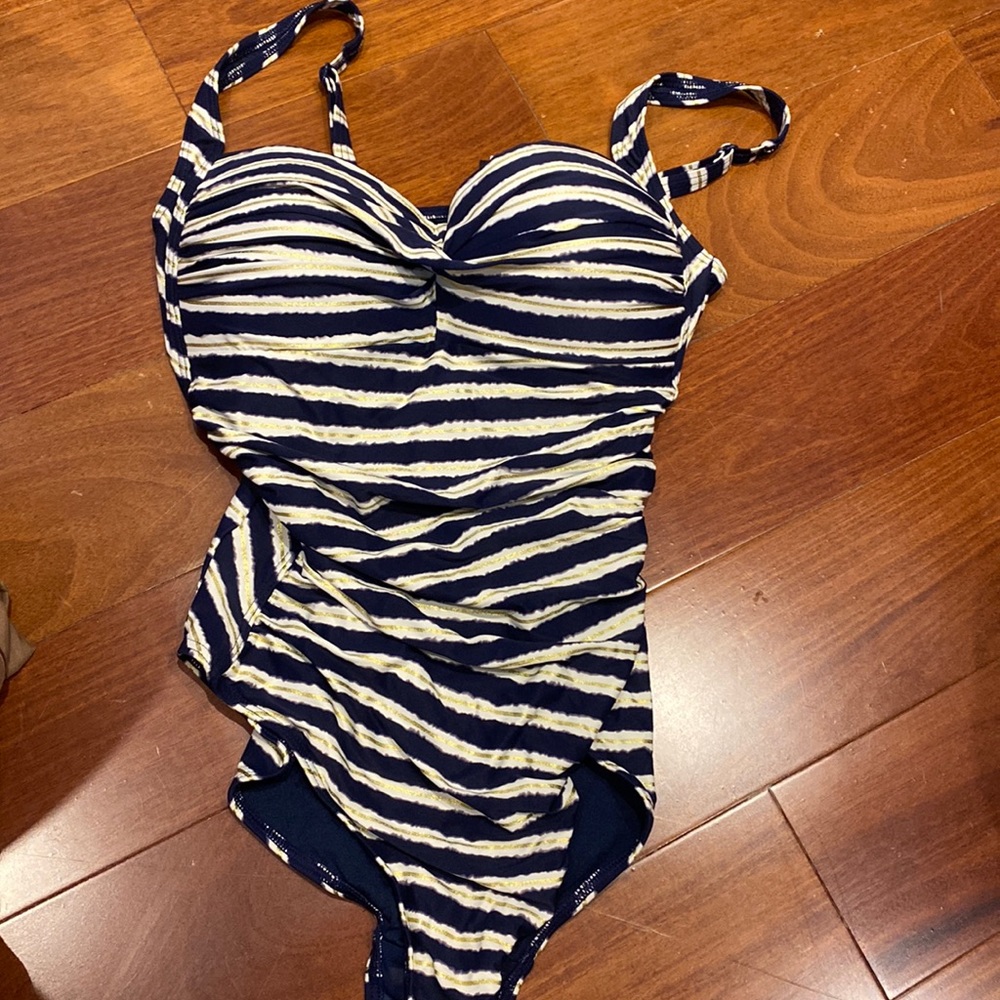Niptuck swim size 10 bathing suit navy with ivory and gold detailing flattering